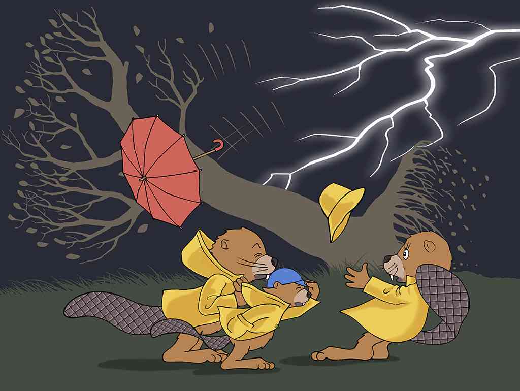 Eine als Comic gezeichnete Biberfamilie versucht sich vor Sturm und Gewitter zu schützen.